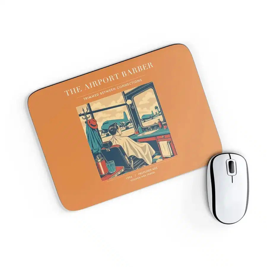 VINTAGE G4377 - The Airport Barber - Designed Mouse Pads design on orange rectangle