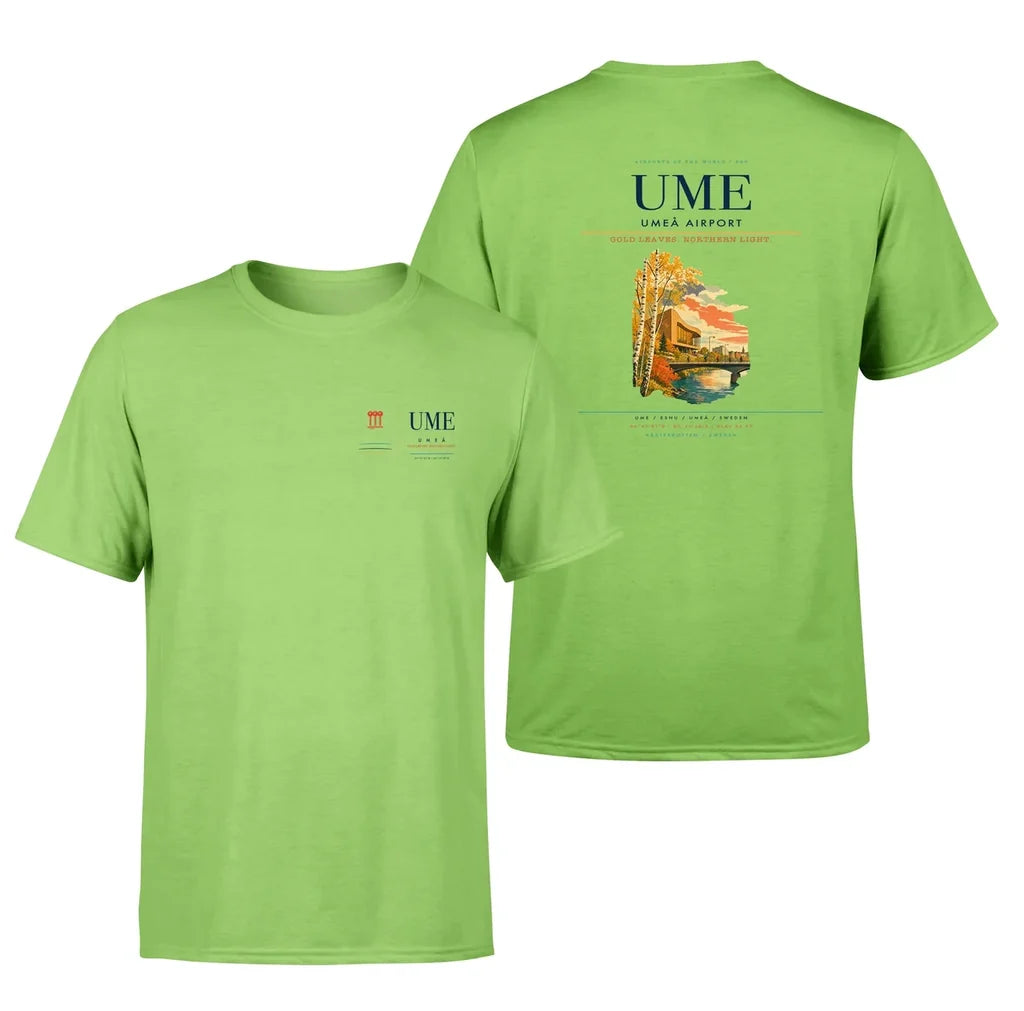 Umeå Airport (UME) design printed on light green double-side t-shirt