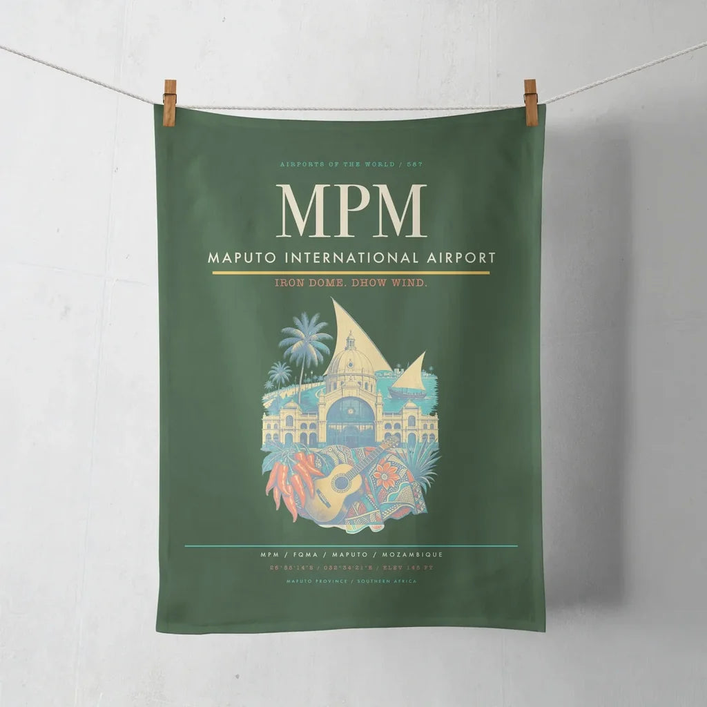 Maputo International Airport (MPM) design on dark green towel