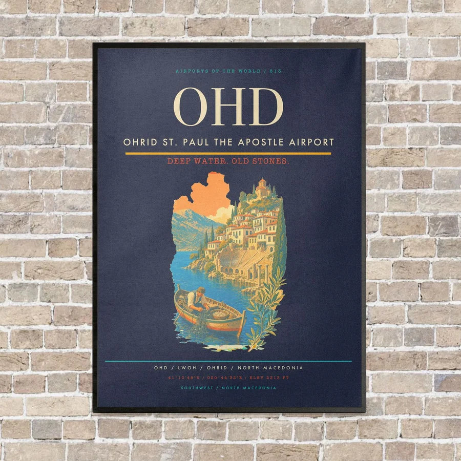 Ohrid St. Paul the Apostle Airport OHD vertical canvas print - framed - navy blue background