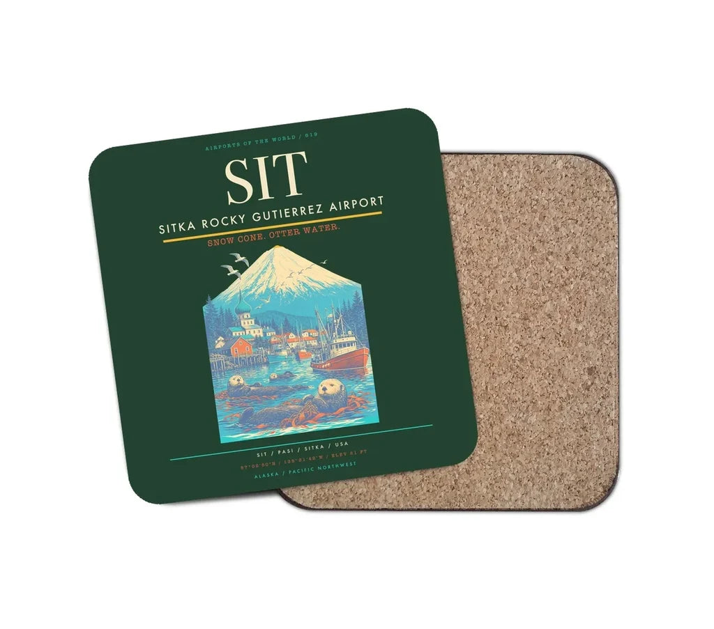 Sitka Rocky Gutierrez Airport (SIT) design on dark green 1 piece coaster