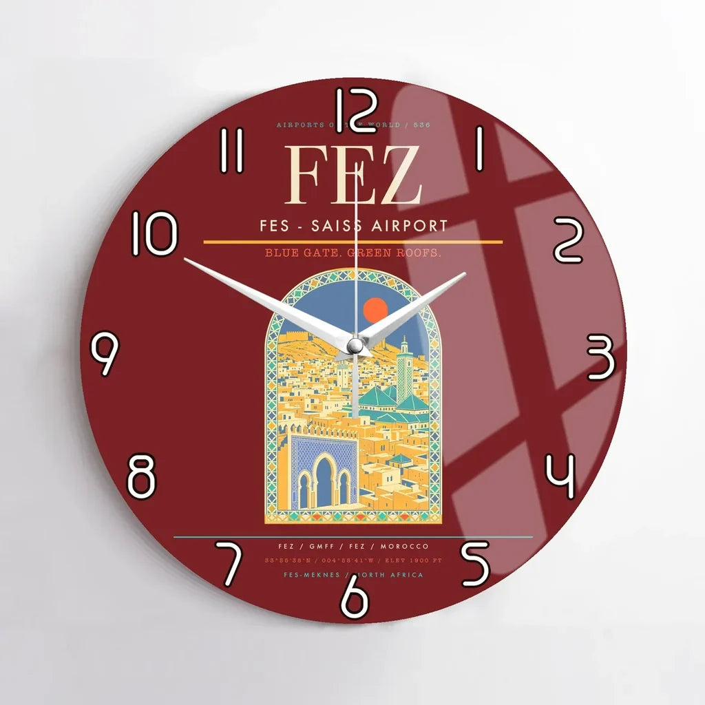 Fes (FEZ) design on dark red no frame wall clock