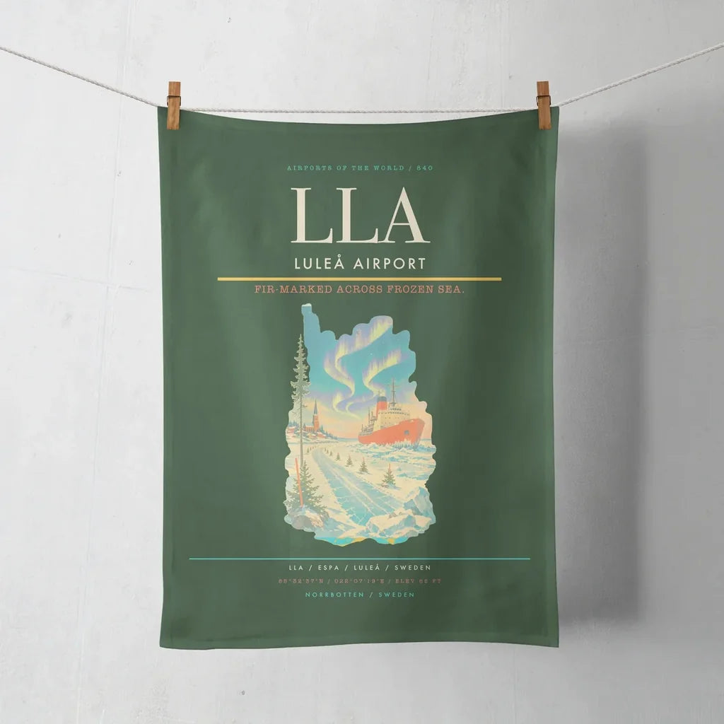 Luleå Airport (LLA) design on dark green towel