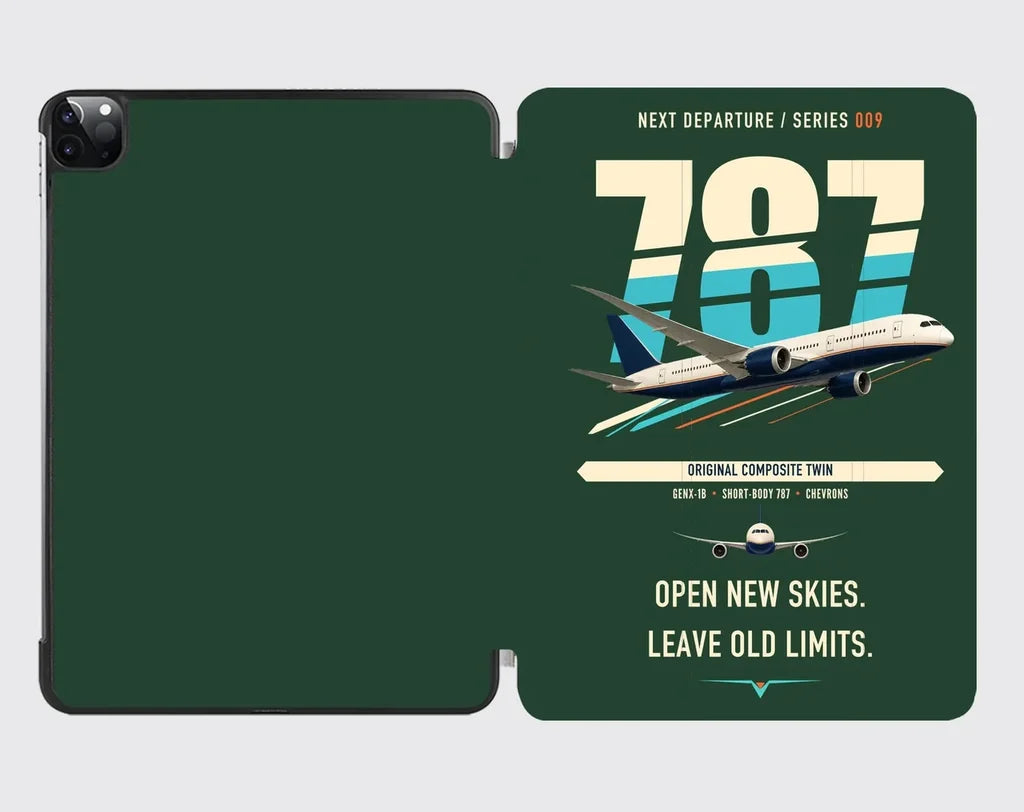 Boeing 787-8 Dreamliner design on dark green ipad tablet case