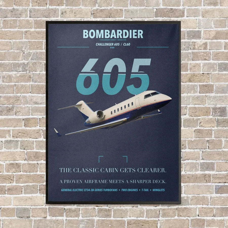 Bombardier Challenger 605 vertical canvas print - framed - navy blue background