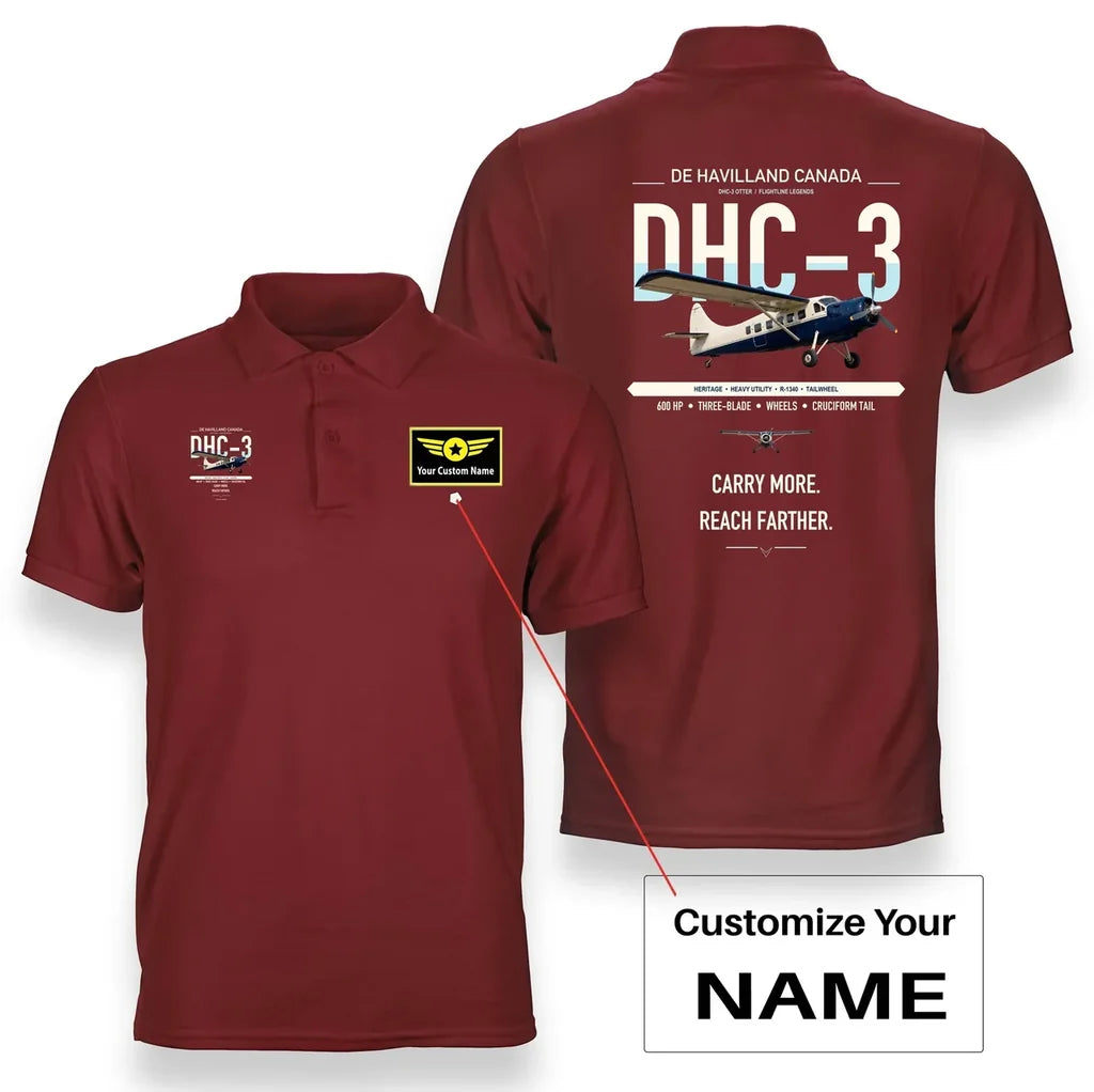 DHC-3 Otter design on red+name double-side polo t-shirt, double-side print