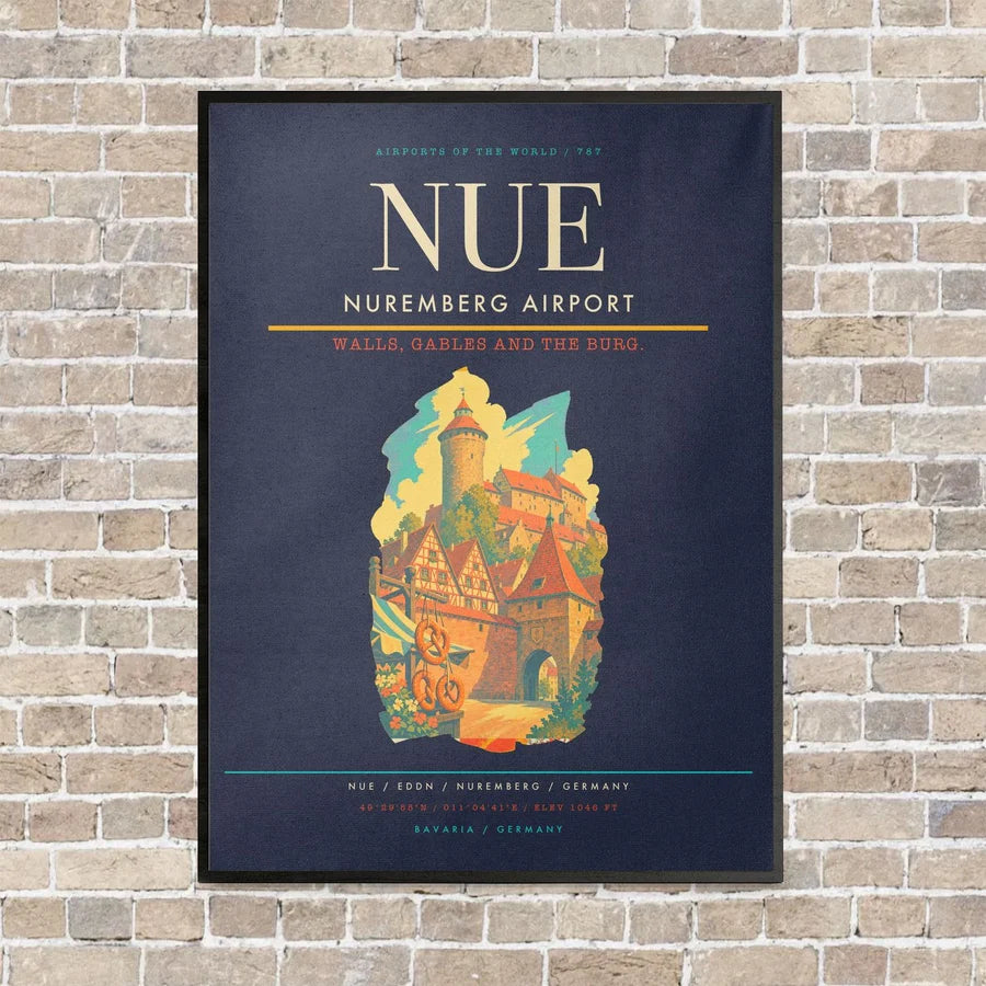 Nuremberg Airport NUE vertical canvas print - framed - navy blue background