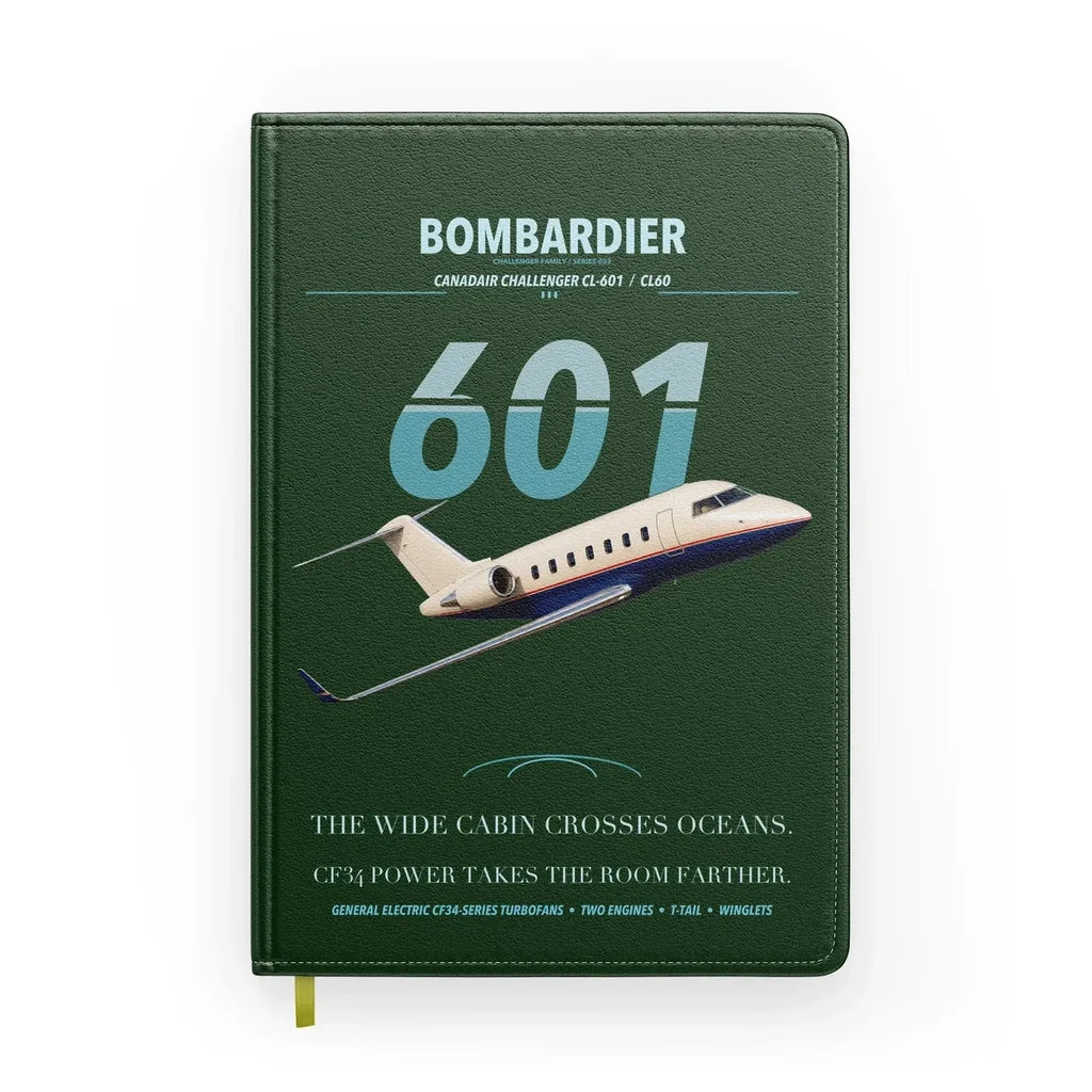 Bombardier Challenger 601 design on dark green notebook