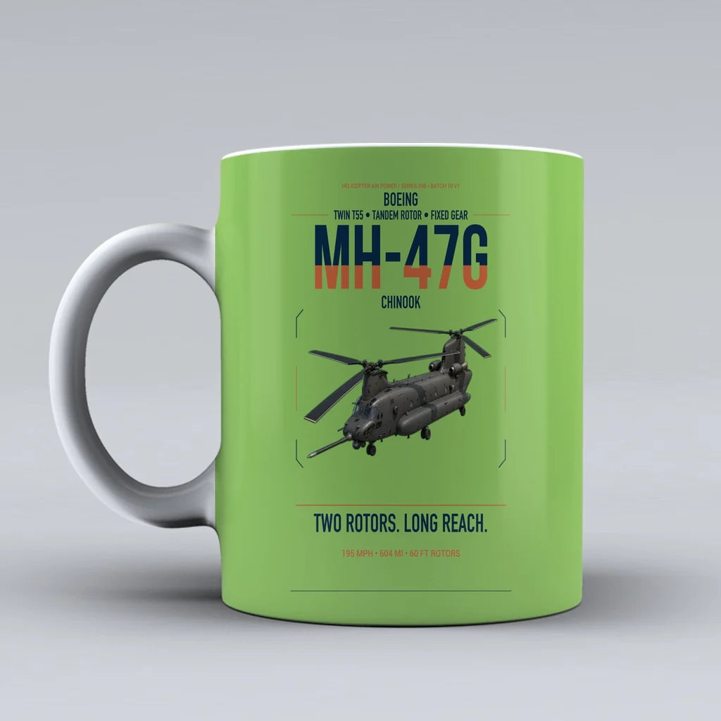 Boeing MH-47G Chinook design on light green ceramic mug, double-side print
