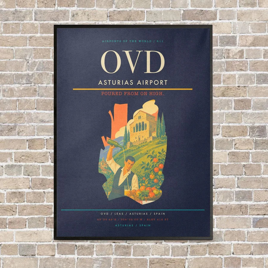 Asturias Airport OVD vertical canvas print - framed - navy blue background