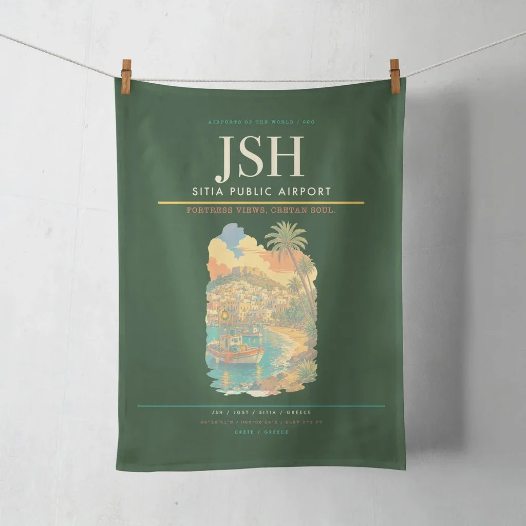 Sitia Public Airport (JSH) design on dark green towel