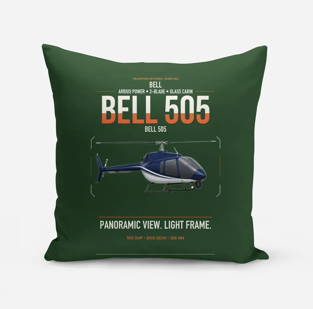 Bell 505 design on dark green pillow