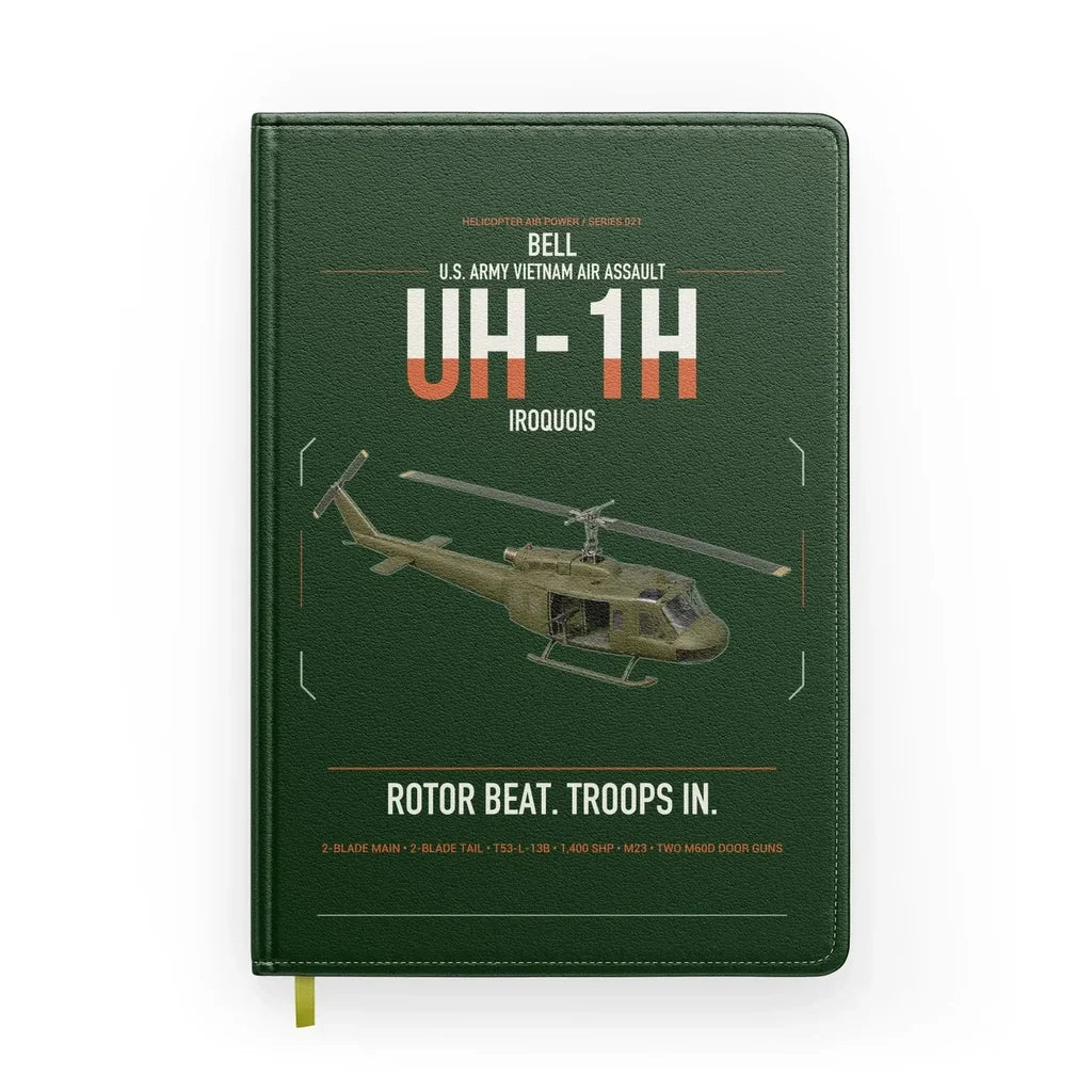 Bell UH-1H Iroquois design on dark green notebook