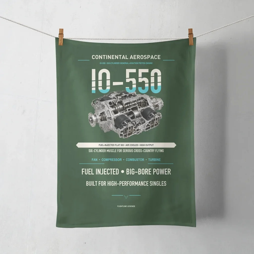 IO-550 design on dark green towel