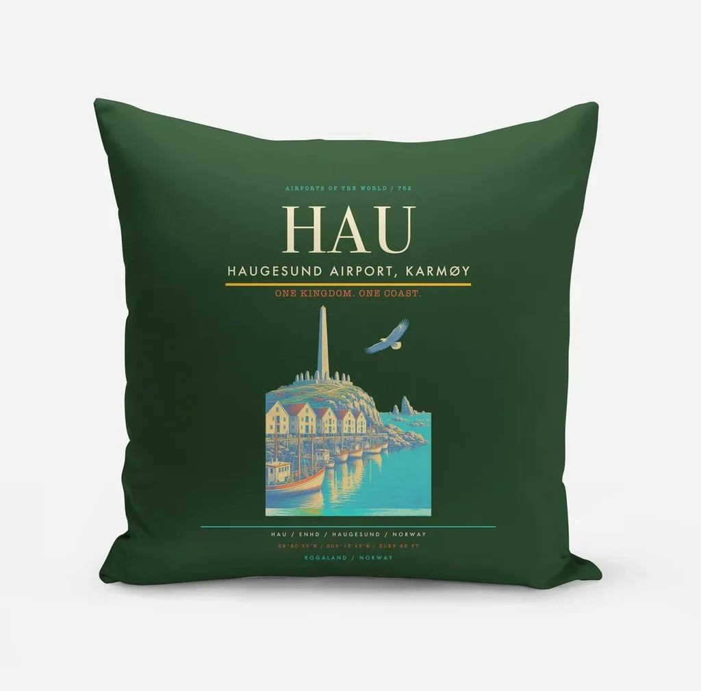 Haugesund Airport, Karmøy (HAU) design on dark green pillow