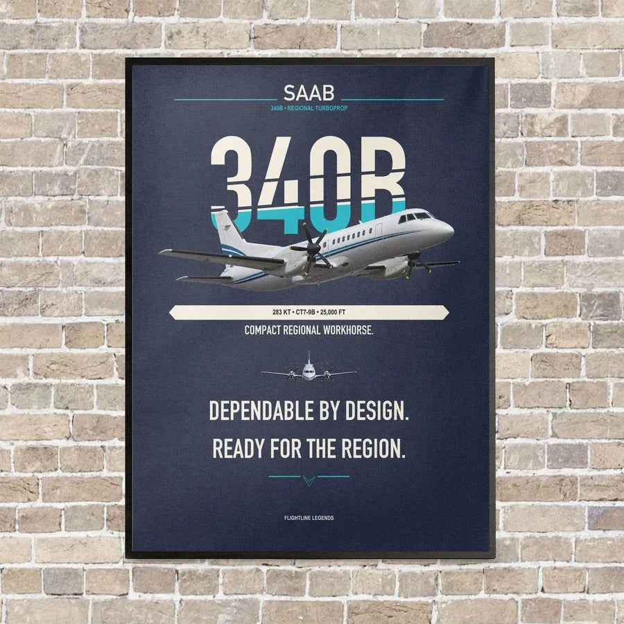 Saab 340B vertical canvas print - framed - navy blue background