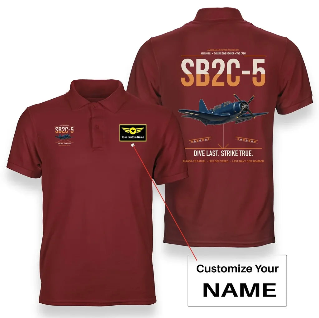 SB2C-5 Helldiver design on red+name double-side polo t-shirt, double-side print