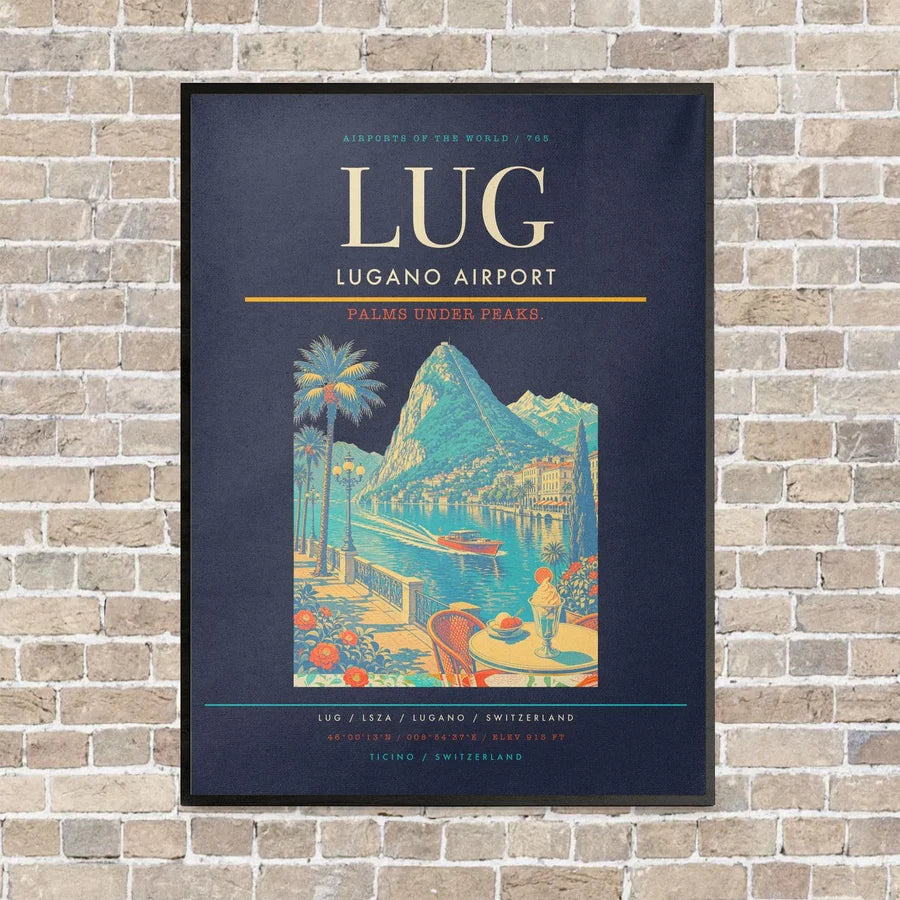 Lugano Airport LUG vertical canvas print - framed - navy blue background