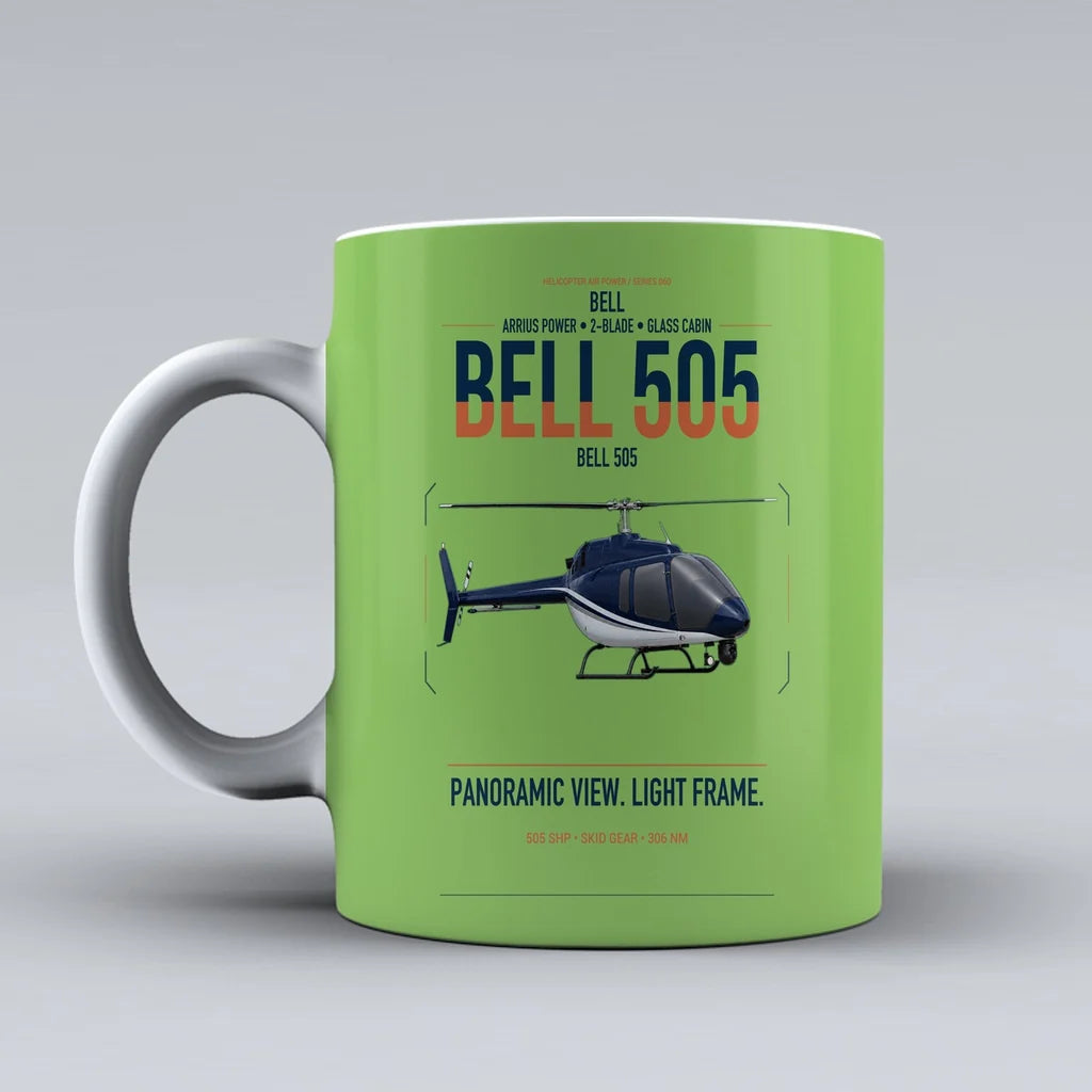 Bell 505 design on light green ceramic mug, double-side print
