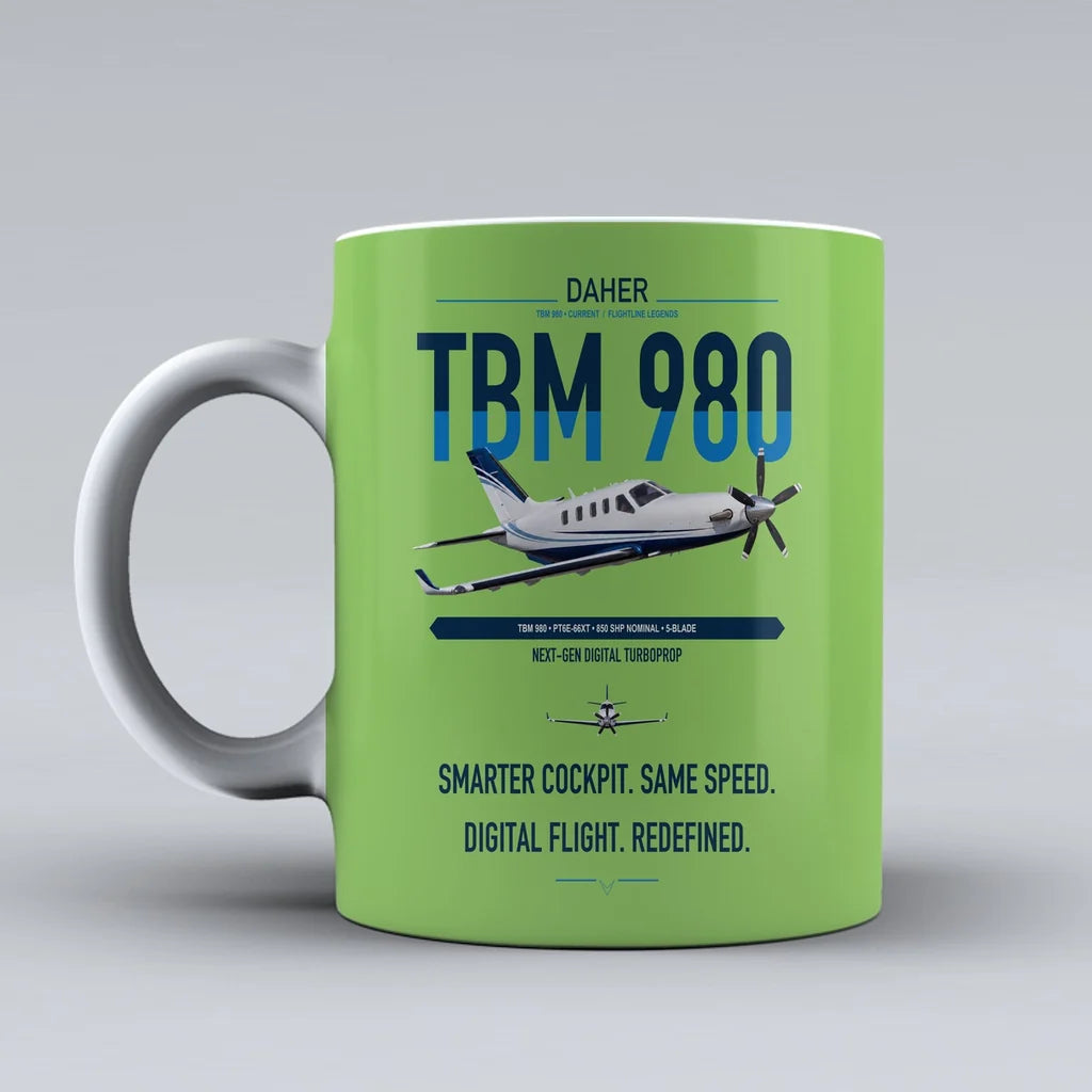 Daher TBM 980 design on light green ceramic mug, double-side print