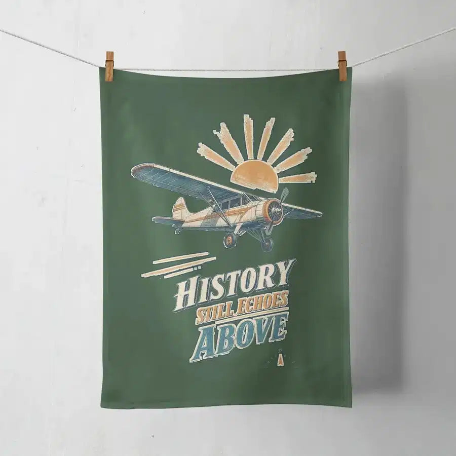 History Still Echoes Above design on dark green towel