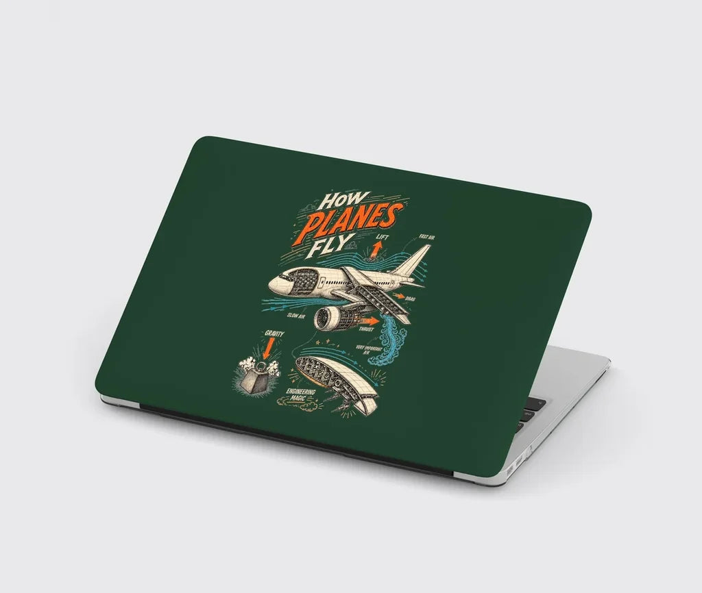How Planes Fly V2 design on dark green MacBook case