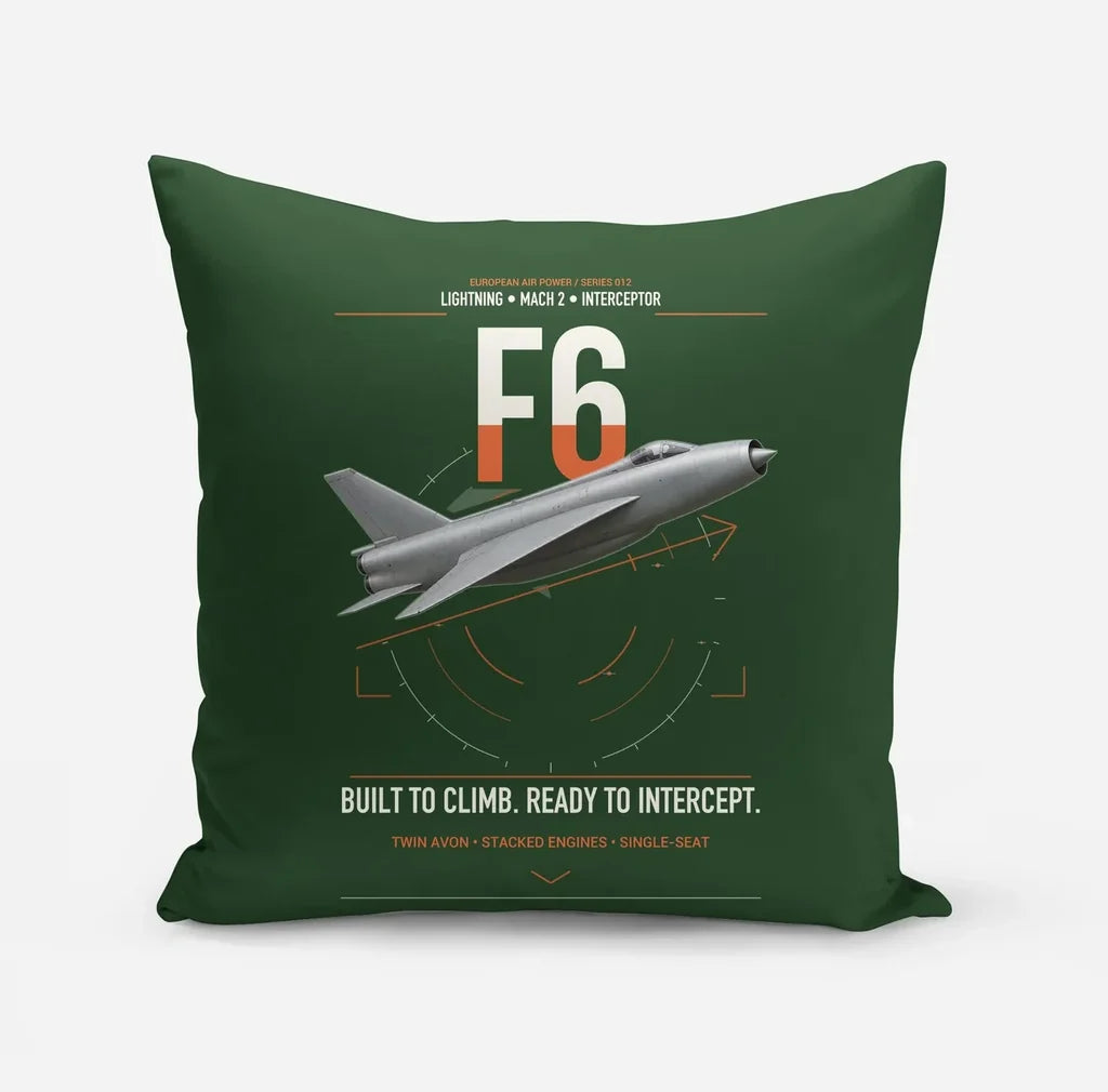 English Electric Lightning F6 design on dark green pillow
