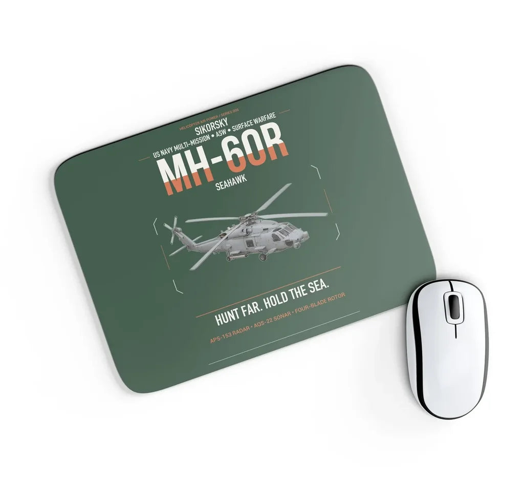 Sikorsky MH-60R Seahawk design on dark green rectangle mouse pad