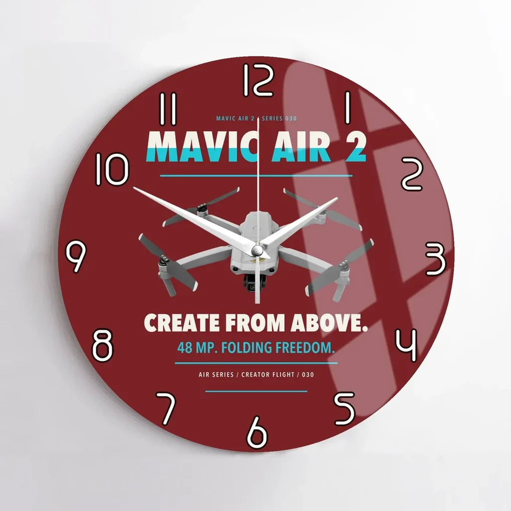DJI Mavic Air 2 design on dark red no frame wall clock