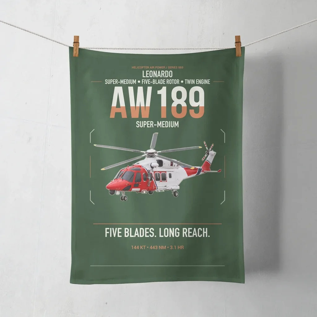 Leonardo AW189 design on dark green towel