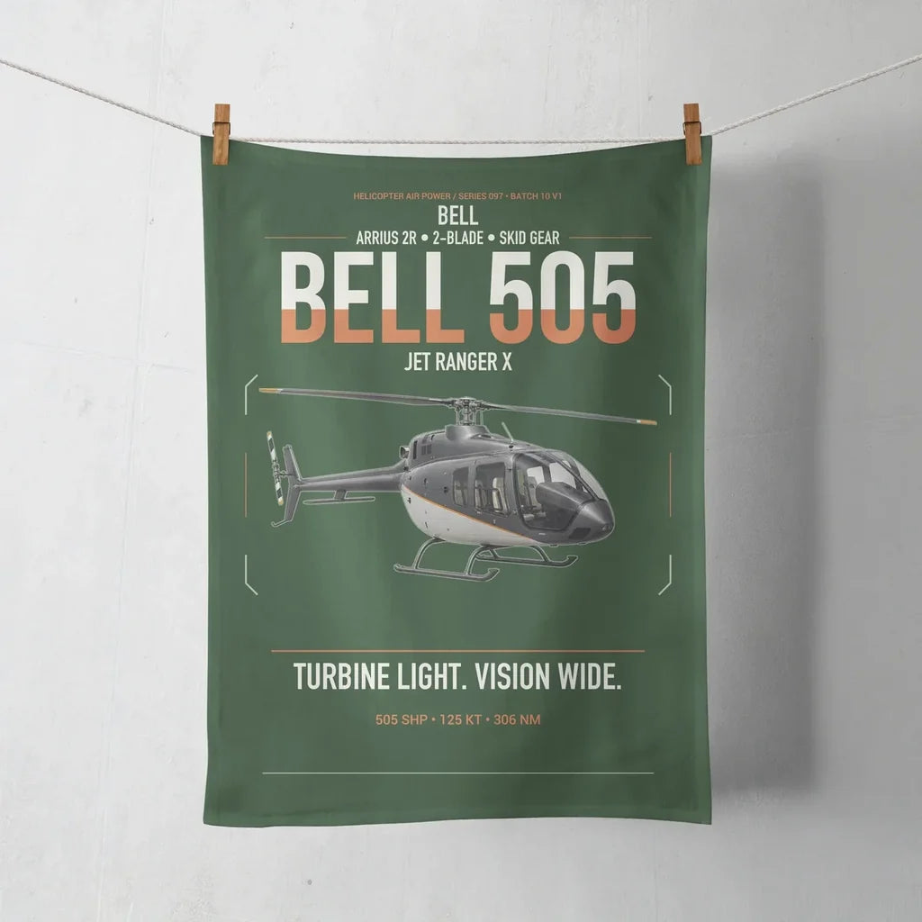 Bell 505 Jet Ranger X design on dark green towel