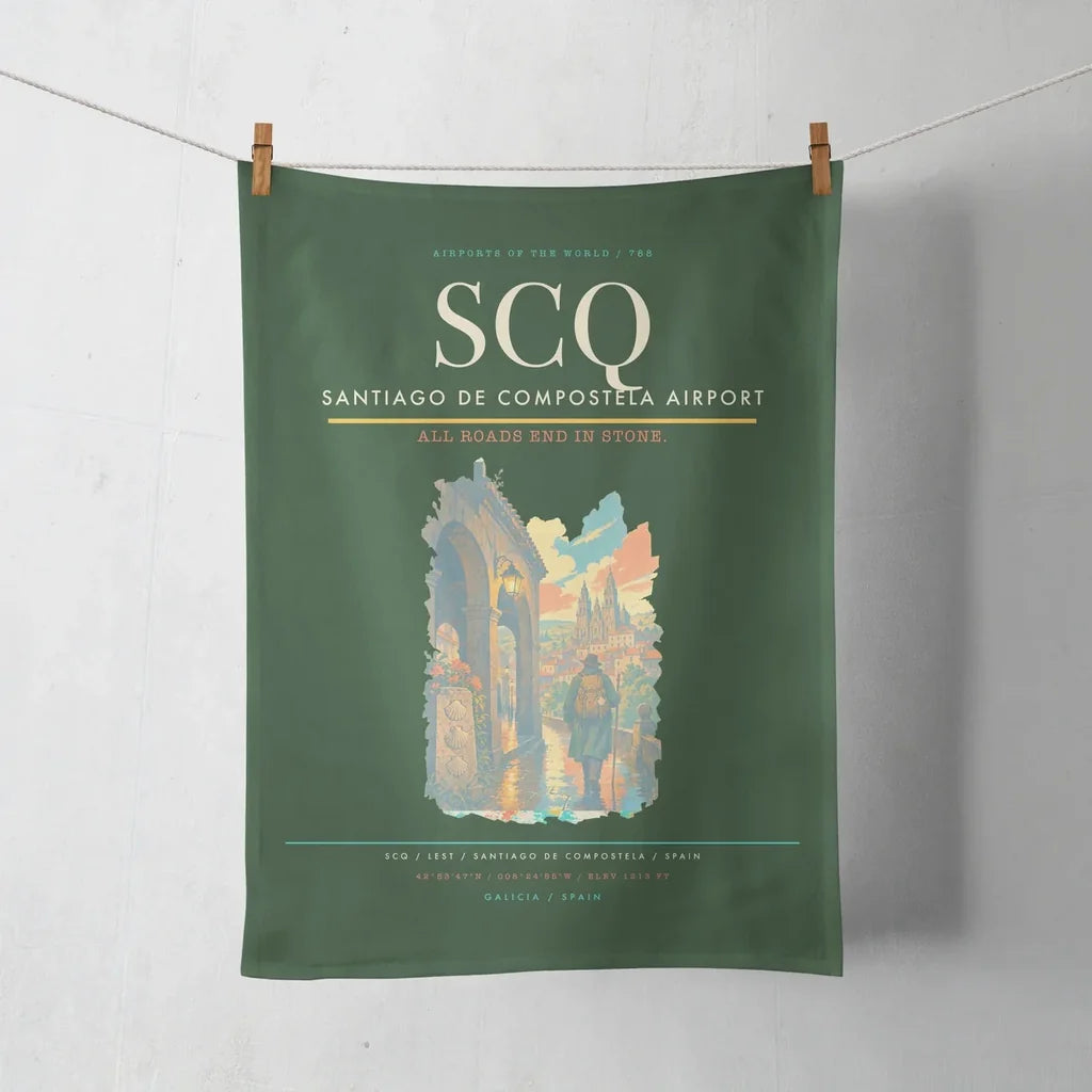 Santiago de Compostela Airport (SCQ) design on dark green towel