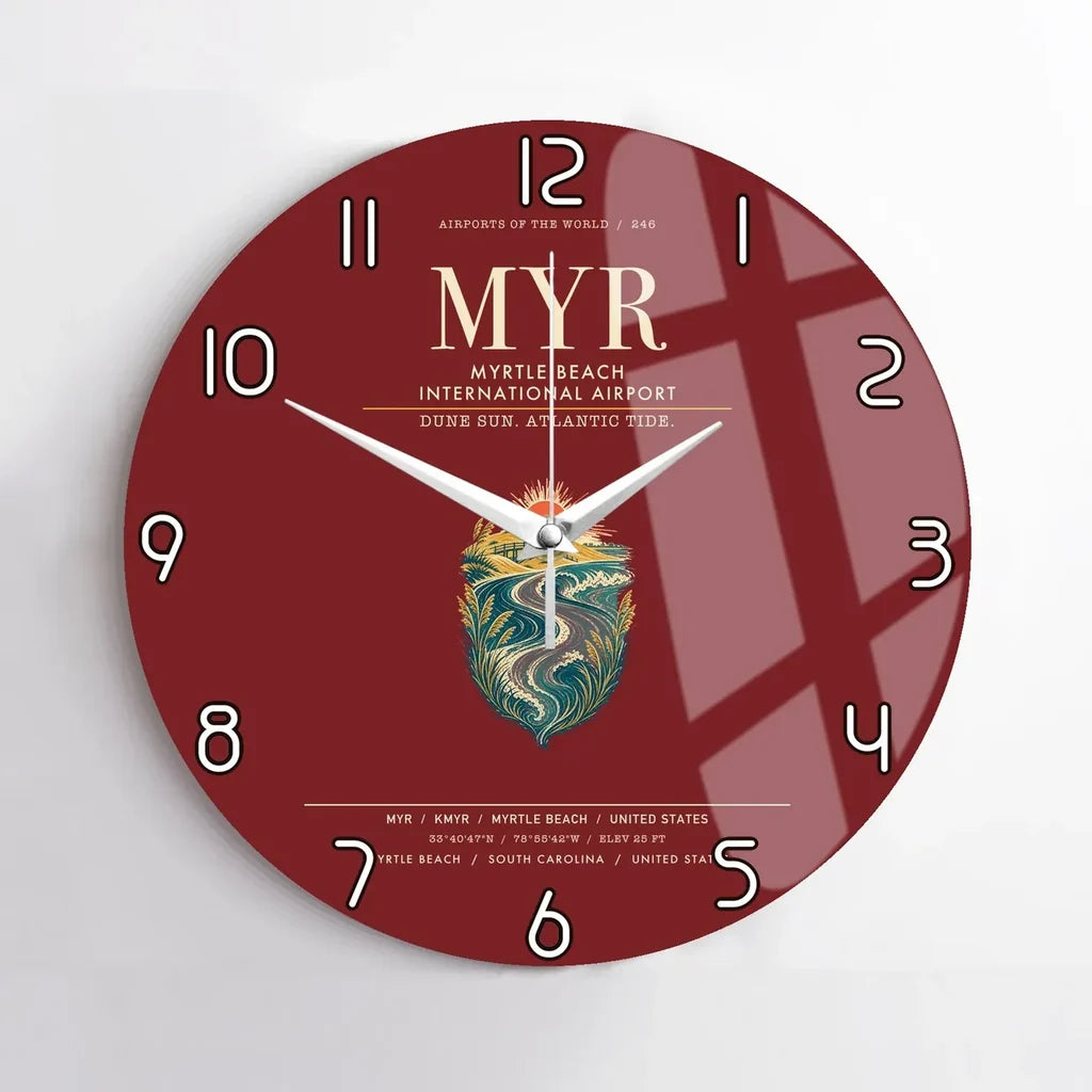 Myrtle Beach International Airport (MYR) design on dark red no frame wall clock