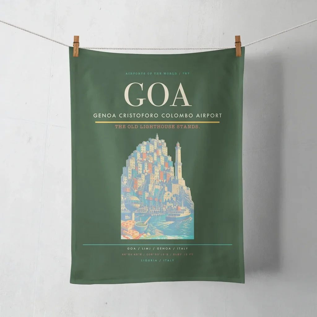 Genoa Cristoforo Colombo Airport (GOA) design on dark green towel