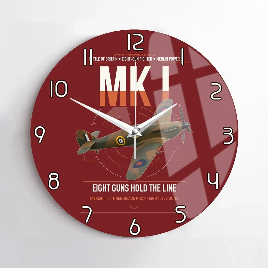 Hawker Hurricane Mk I design on dark red no frame wall clock