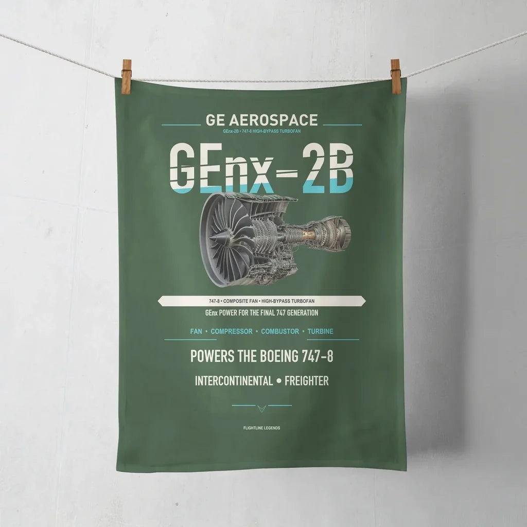 GEnx-2B design on dark green towel