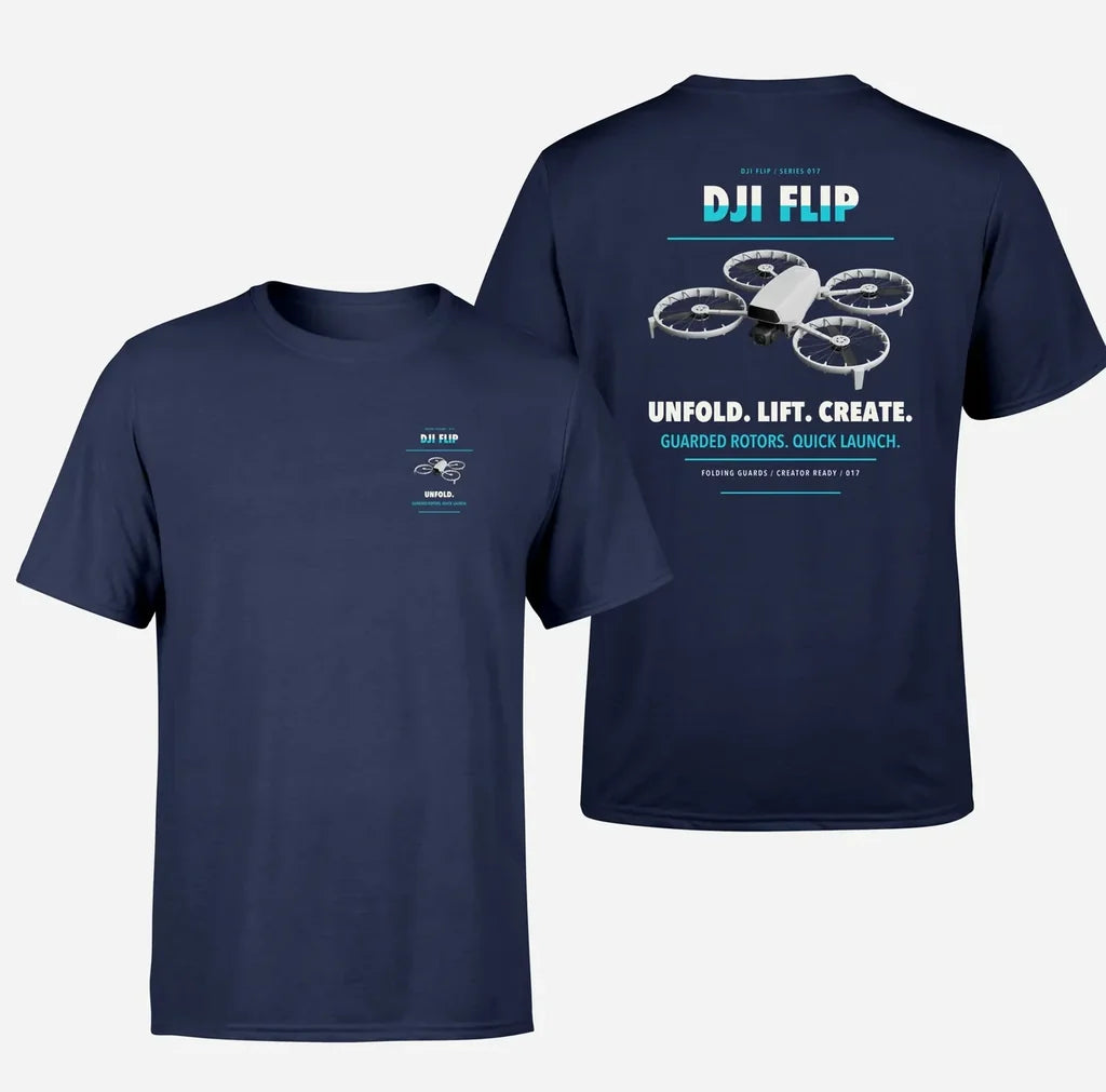 DJI Flip design on navy blue t shirt