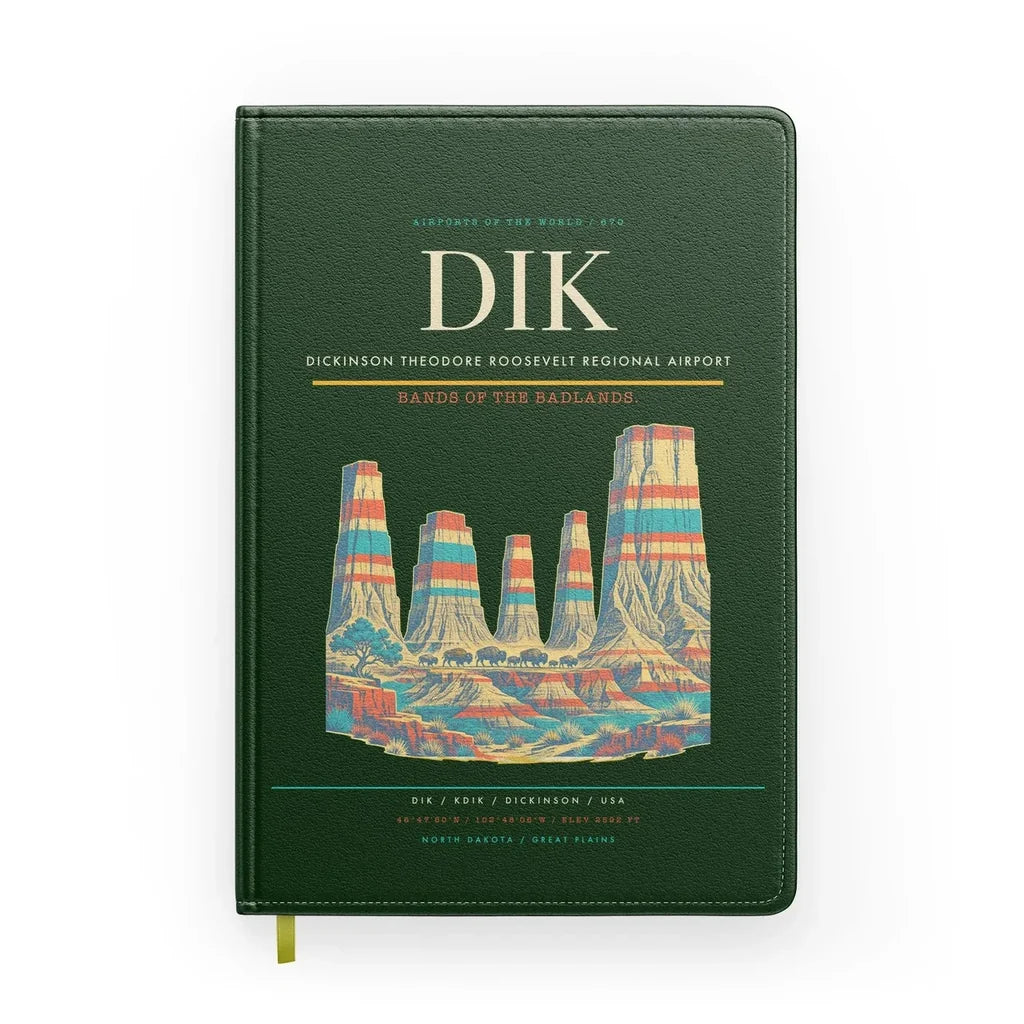Dickinson Theodore Roosevelt Regional Airport (DIK) design on dark green notebook
