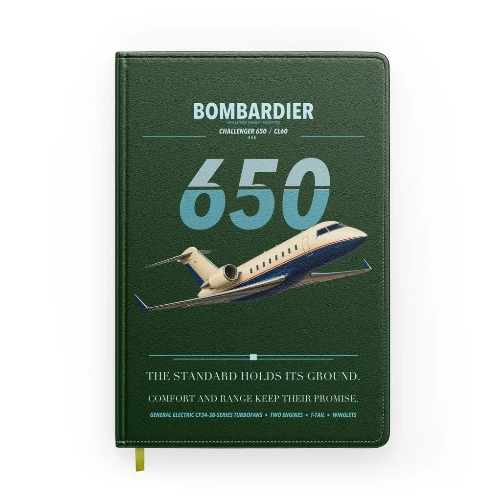 Bombardier Challenger 650 design on dark green notebook