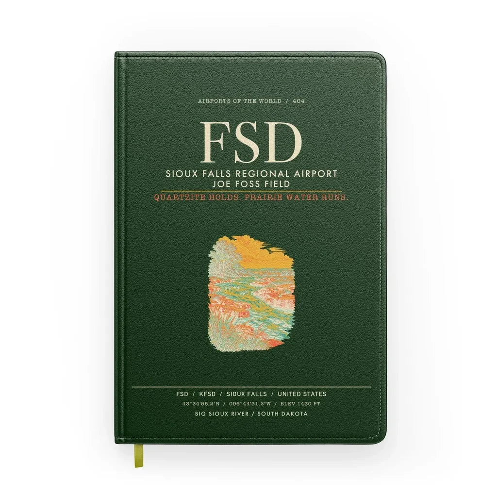 Sioux Falls Regional Airport Joe Foss Field (FSD) design on dark green notebook