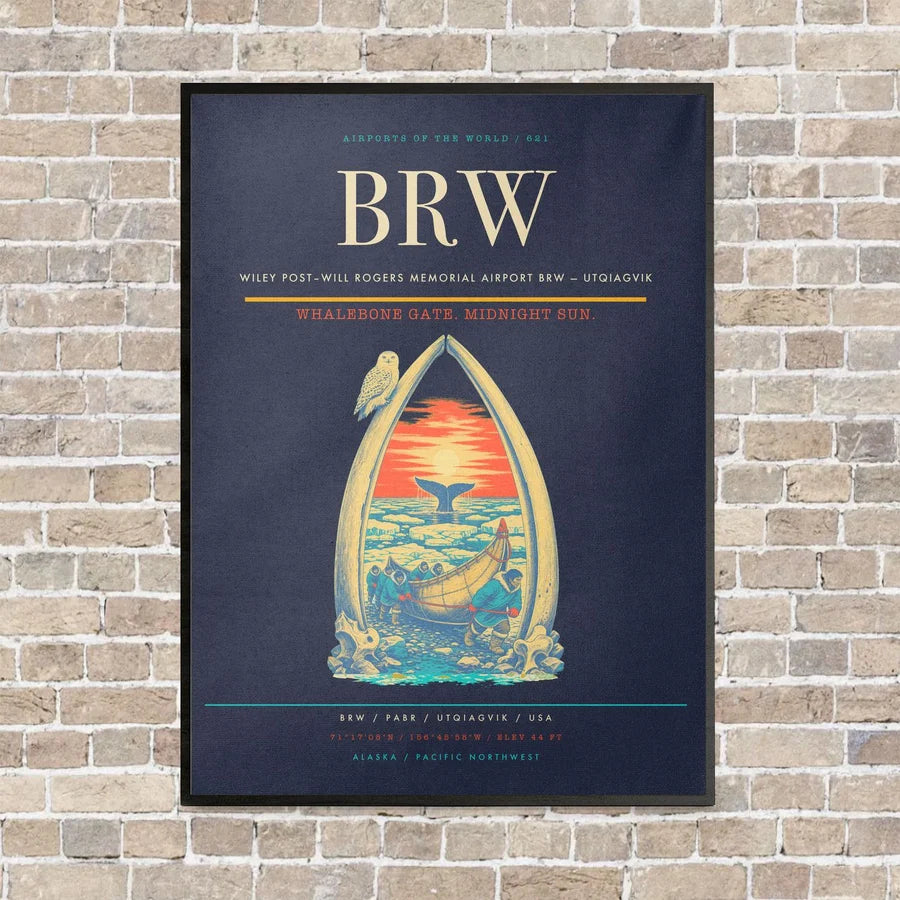 Wiley Post–Will Rogers Memorial Airport BRW — Utqiagvik vertical canvas print - framed - navy blue background