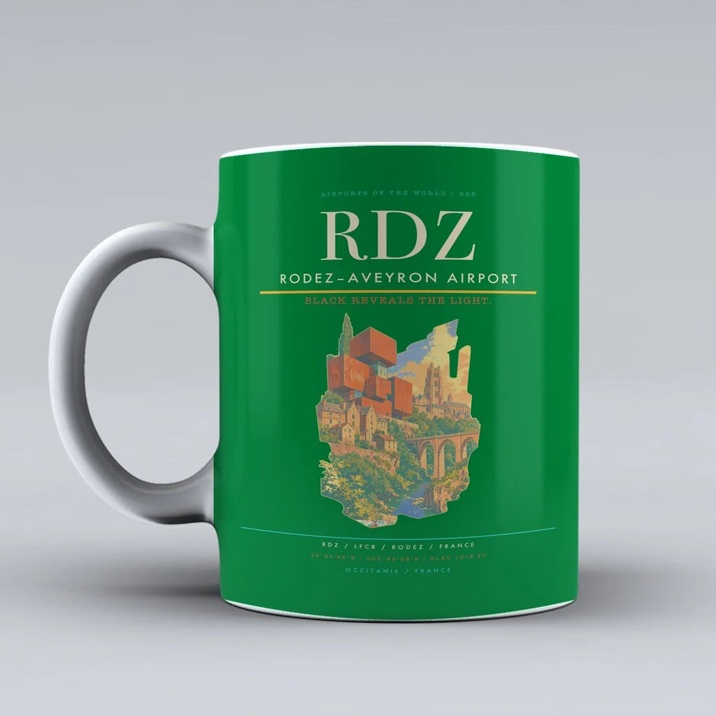 Rodez–Aveyron Airport (RDZ) airport code design on green ceramic mug