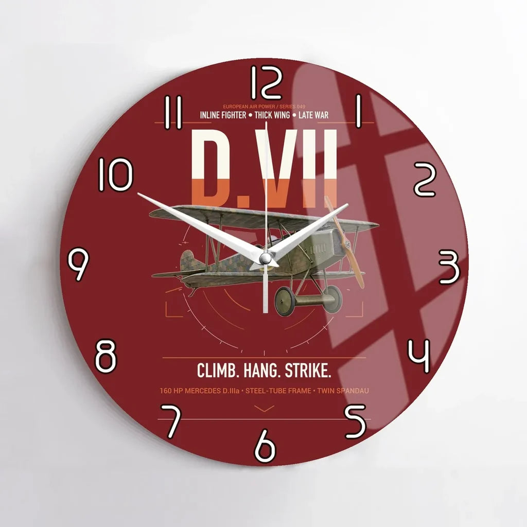 Fokker D.VII design on dark red no frame wall clock