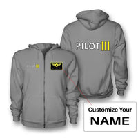Thumbnail for Pilot & Stripes (3 Lines) Zipped Hoodie - Gray + Name (Customizable)