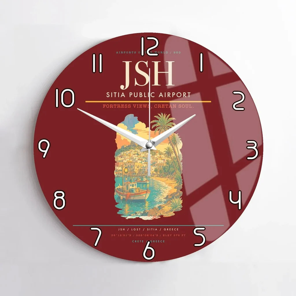 Sitia Public Airport (JSH) design on dark red no frame wall clock