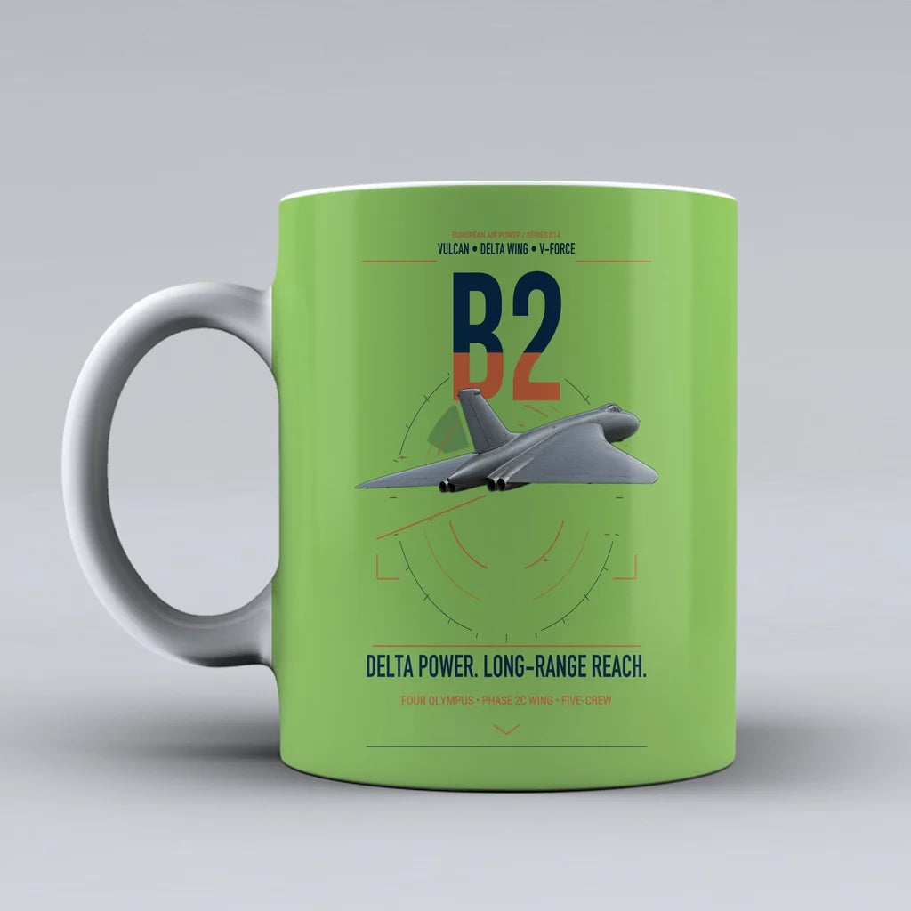 Avro Vulcan B2 design on light green ceramic mug, double-side print