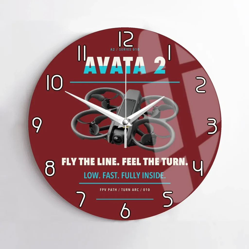 DJI Avata 2 design on dark red no frame wall clock