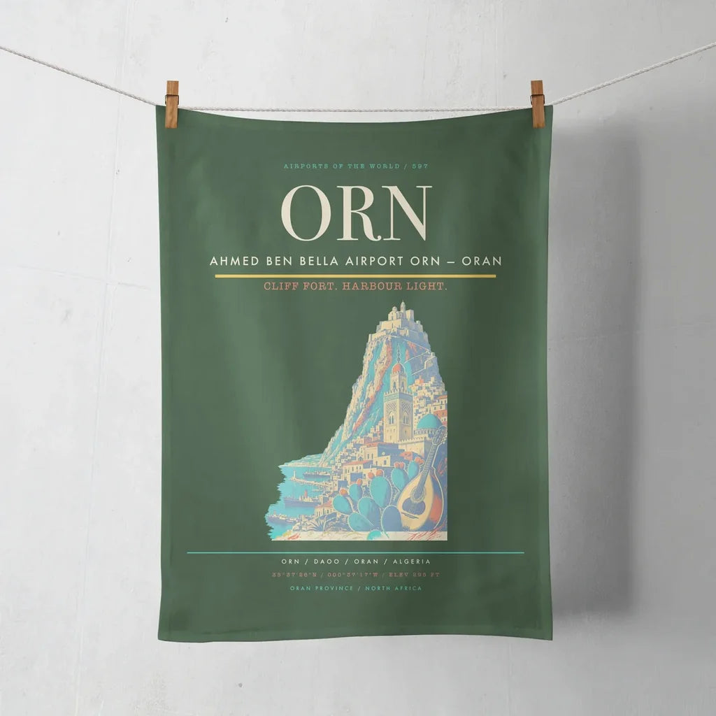 Ahmed Ben Bella Airport (ORN) design on dark green towel