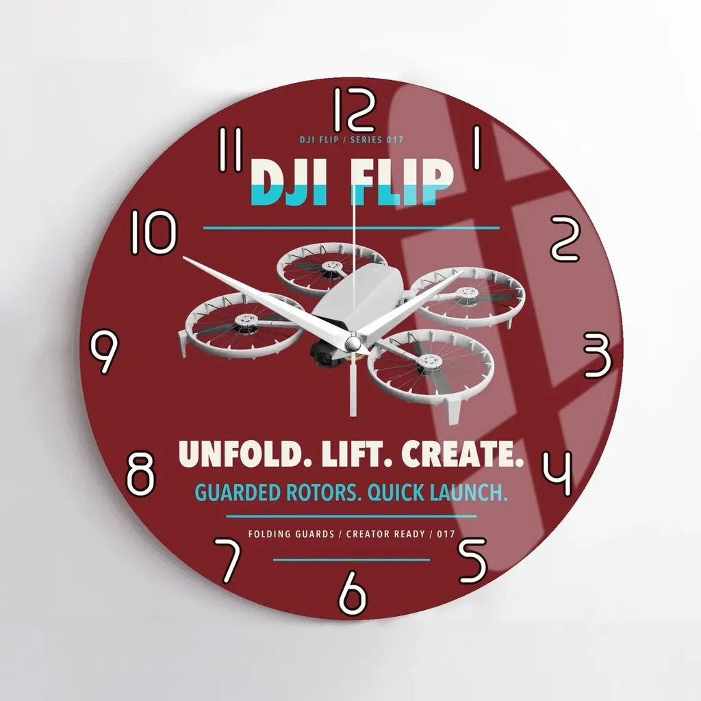 DJI Flip design on dark red no frame wall clock