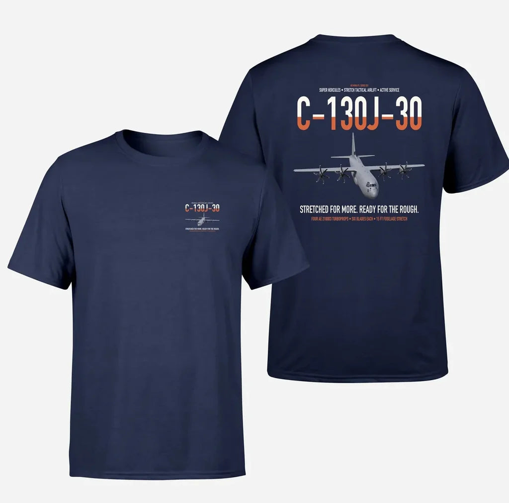 C-130J-30 Super Hercules design on navy blue double-side t-shirt, double-side print